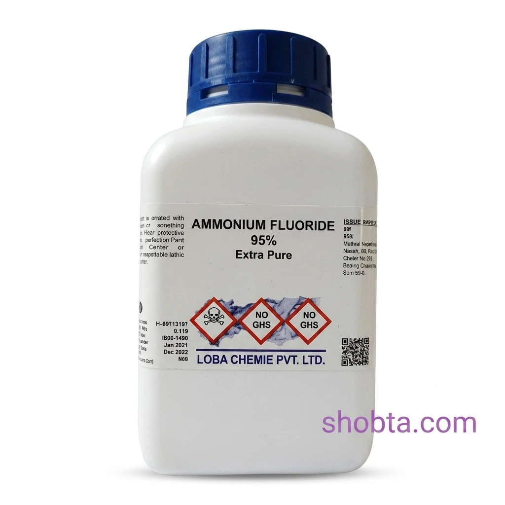 Ammonium Fluoride 95 (Extra Pure) 500gm – Loba India Front view of Ammonium Fluoride NH4F 500gm Extra Pure by Loba Chemie India