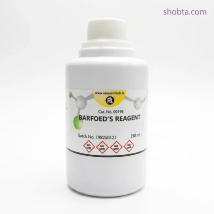 Laboratory reagent bottle containing Barfoed's Reagent for carbohydrate analysis.