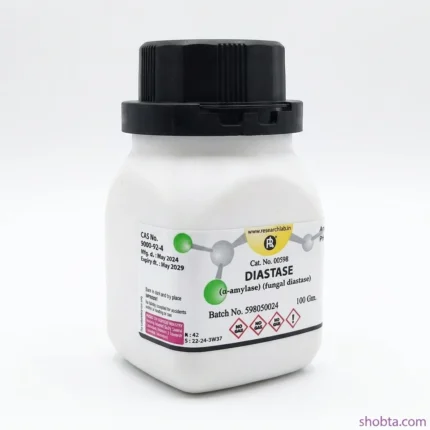 Diastase 100gm fungal alpha amylase laboratory chemical in sealed plastic bottle