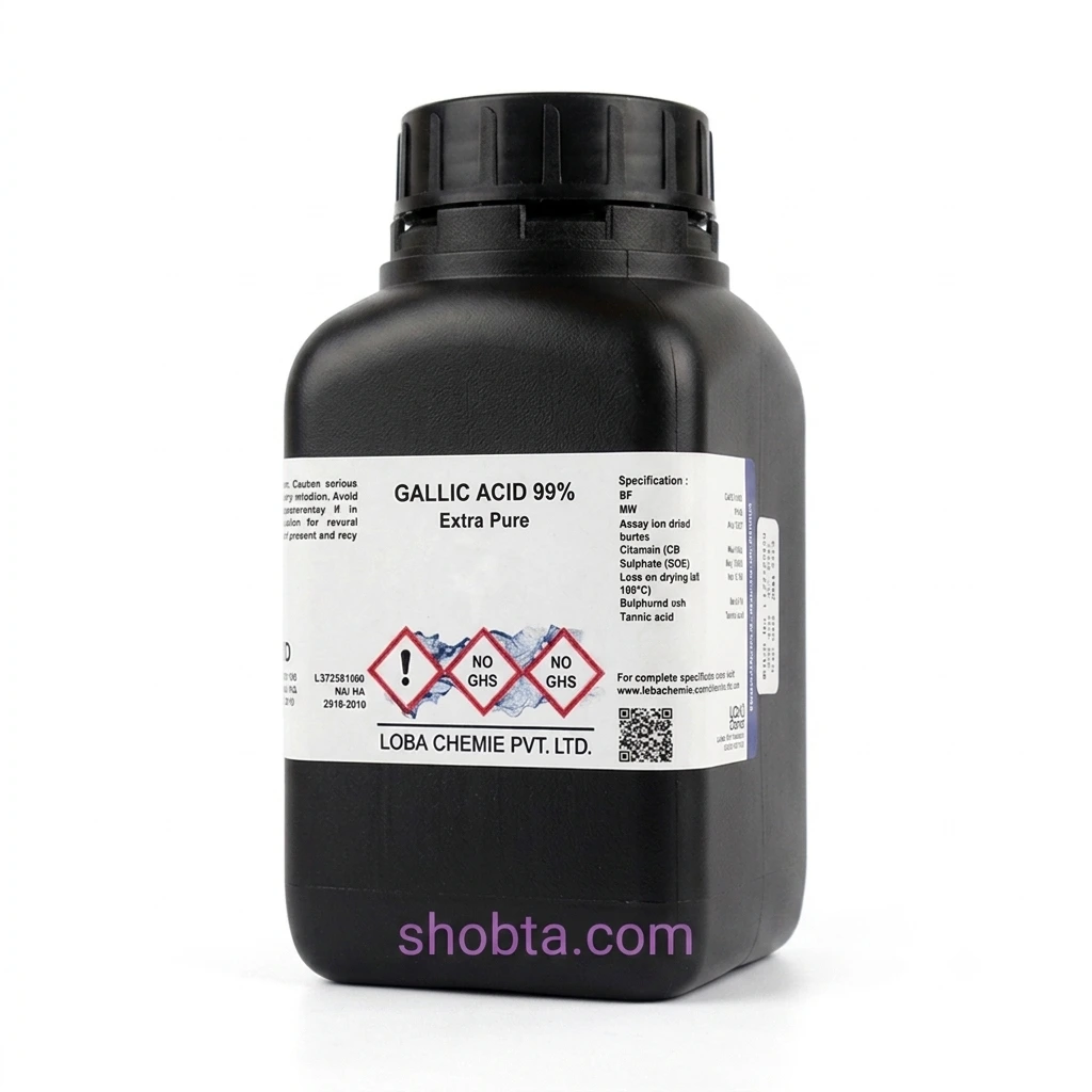 Gallic Acid 100gm 99 (Extra Pure) Lab Grade Front view of Gallic Acid 100gm packaging for laboratory and industrial applications.