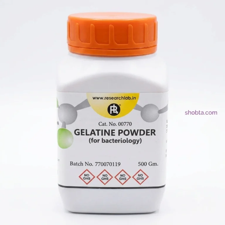Research Lab Gelatine Powder 500gm microbiology laboratory chemical packaging.