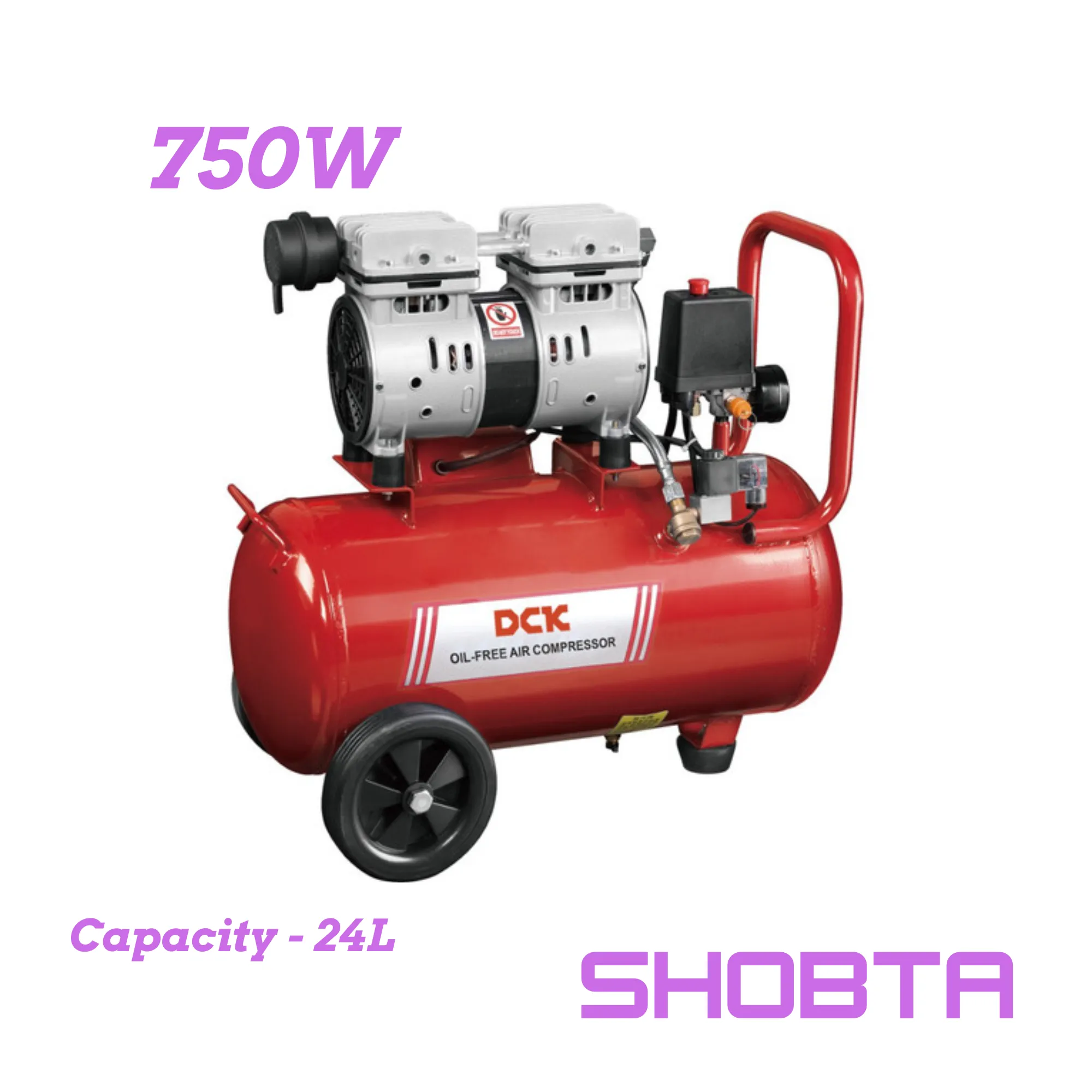 Front view of DCK 750W oil free air compressor 24 liter tank