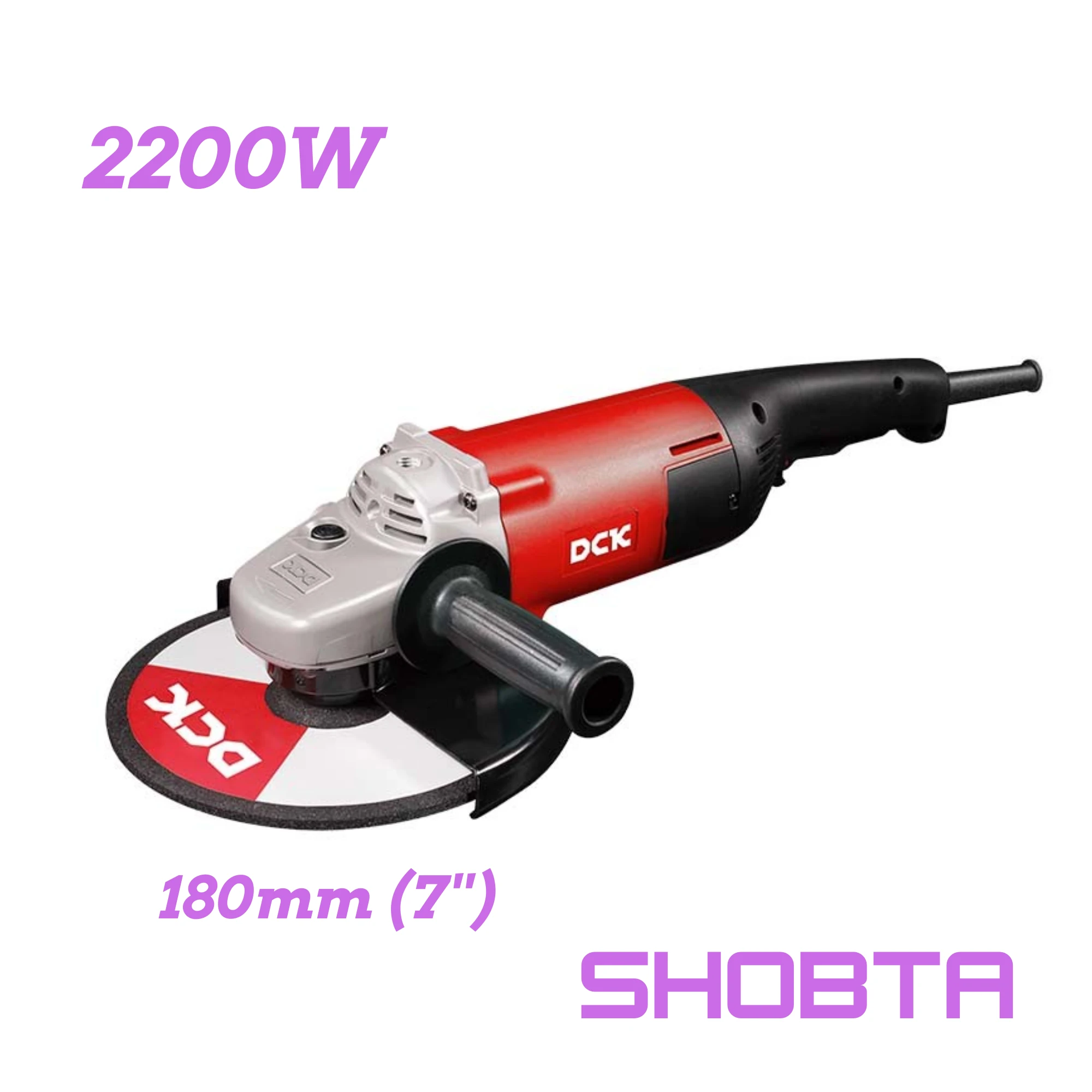 DCK KSM03-180 2200W 7 inch angle grinder front view with side handle