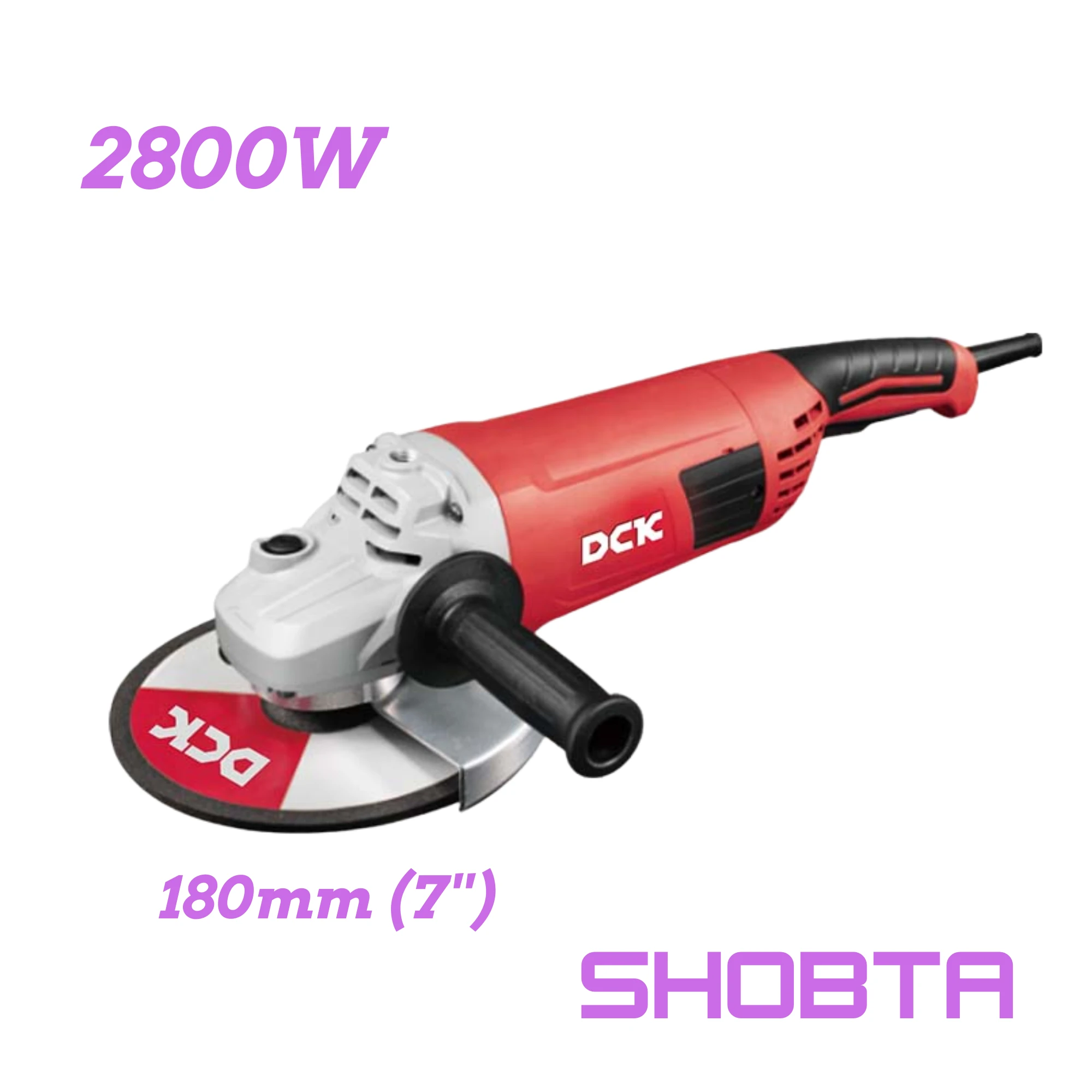 DCK KSM05-180 2800W 7 inch angle grinder front view with side handle attached