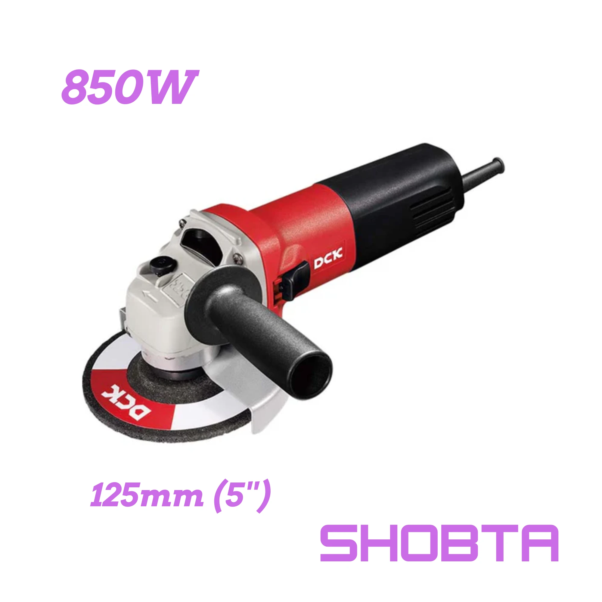 Profile view of the 5 inch DCK angle grinder with the protective safety guard attached