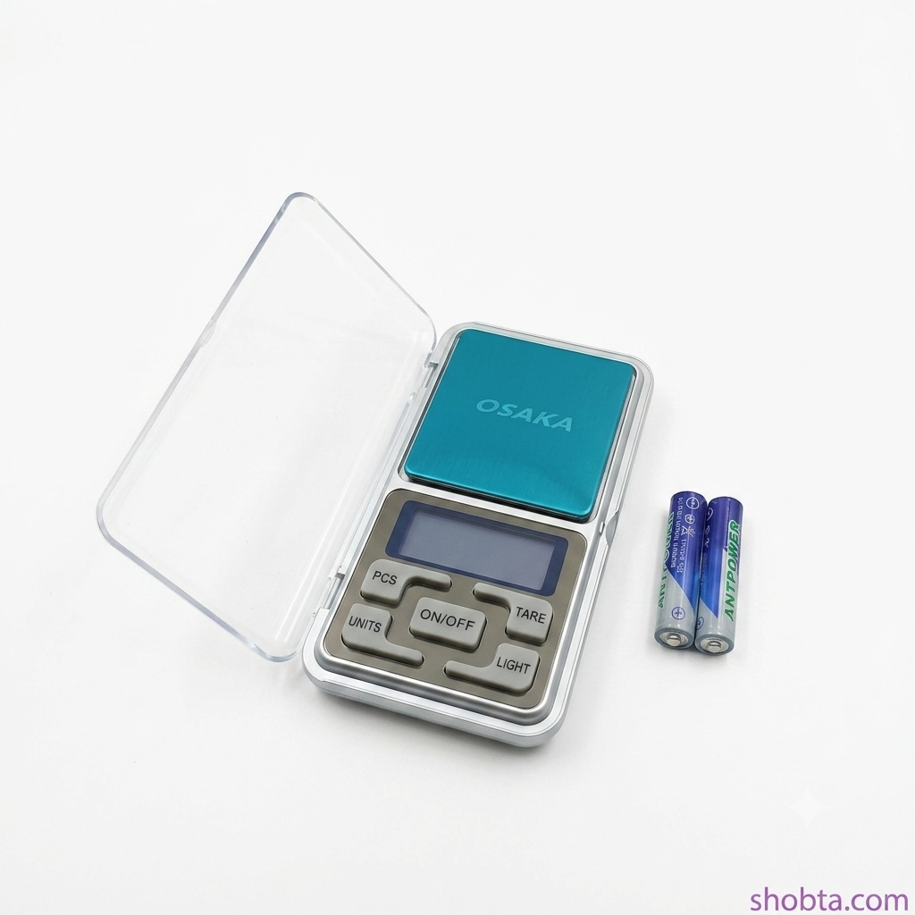 0.01g to 500g digital pocket scale with LCD display, protective cover, and two AAA batteries.