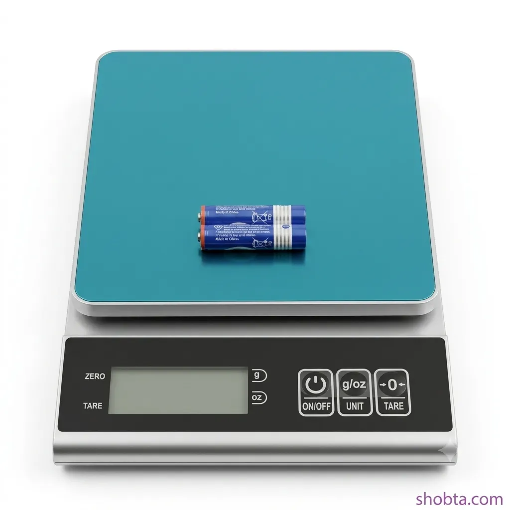 Electronic kitchen weighing scale with gram and ounce measurement buttons and two AAA batteries.
