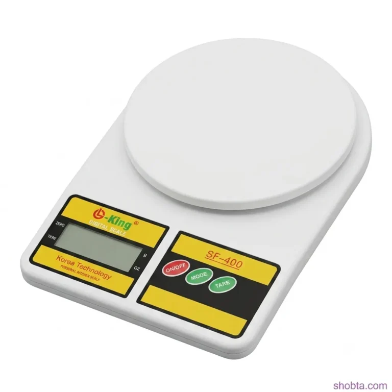 White electronic kitchen weighing scale featuring LCD display, tare button, and 10kg capacity.