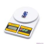 SF-400 1g to 10kg digital kitchen scale with large round weighing platform and two AAA batteries.