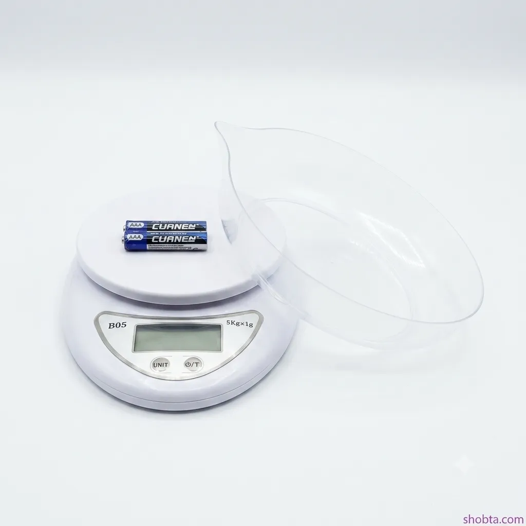 Electronic kitchen weighing scale with detachable bowl, AAA batteries, and digital screen.