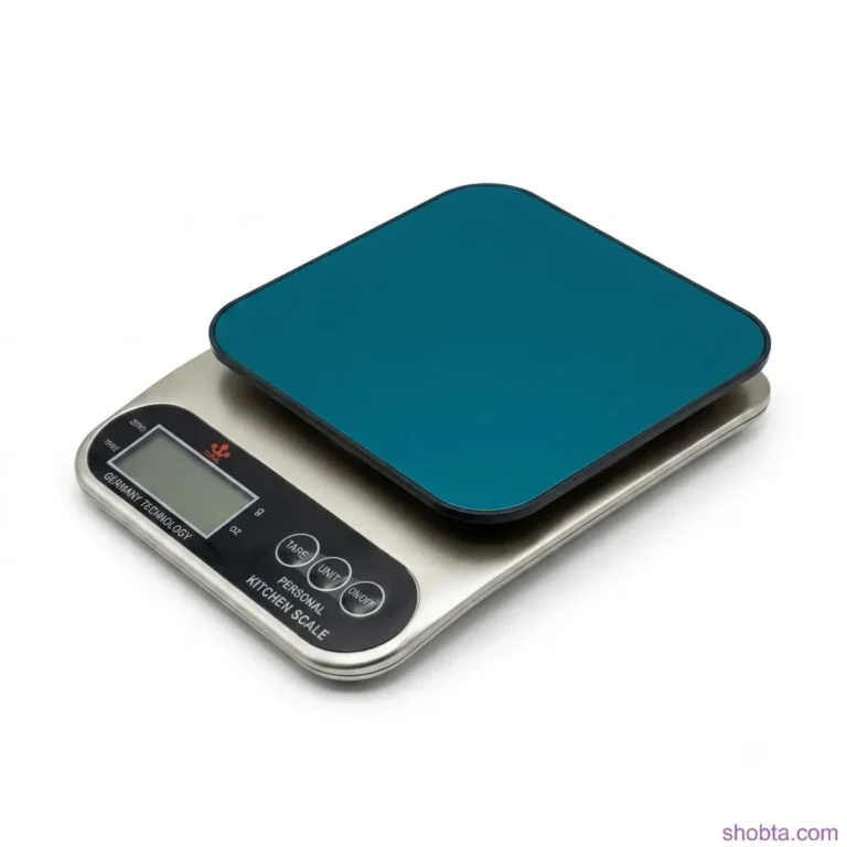 Electronic rechargeable food scale with tare function, stainless steel weighing surface, and included charging cable.