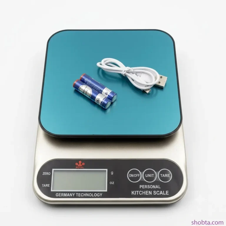 Rechargeable 1g to 5kg digital kitchen scale with stainless steel platform, USB charging cable, and AAA batteries.