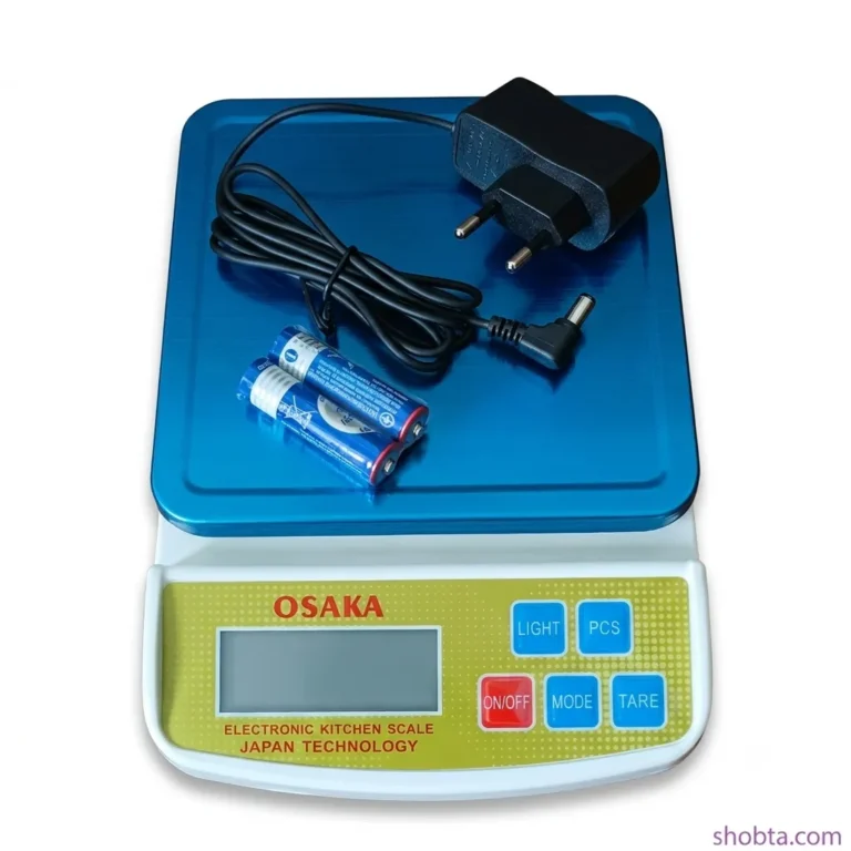 1g to 5kg AC/DC kitchen scale with stainless steel platform, AC power adapter, and AA batteries.