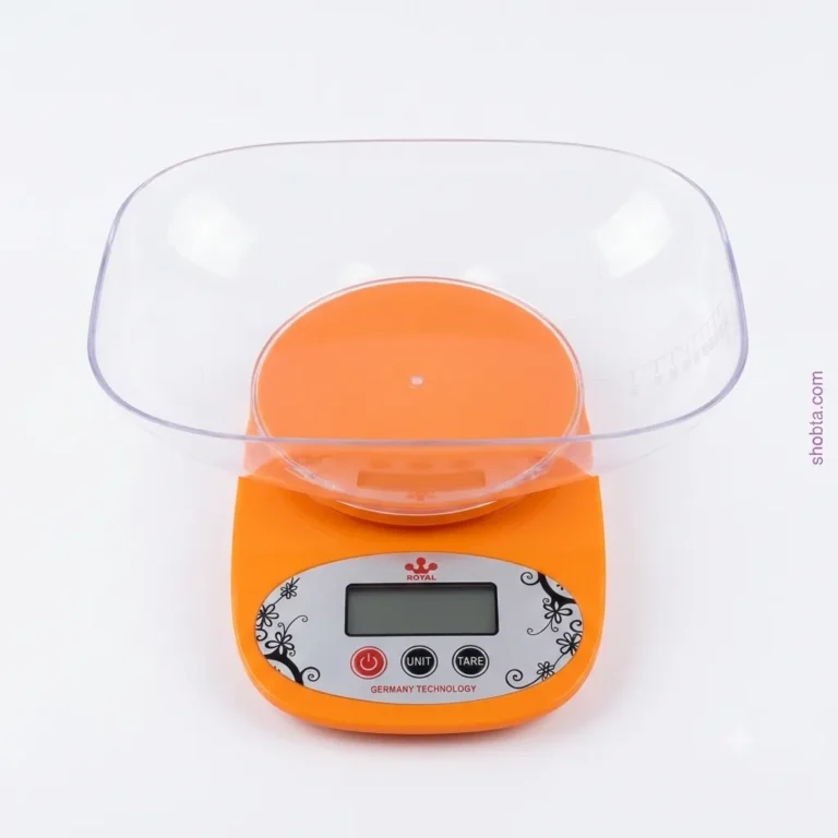 Orange digital kitchen weighing scale featuring LCD display, tare function, and detachable measuring bowl.