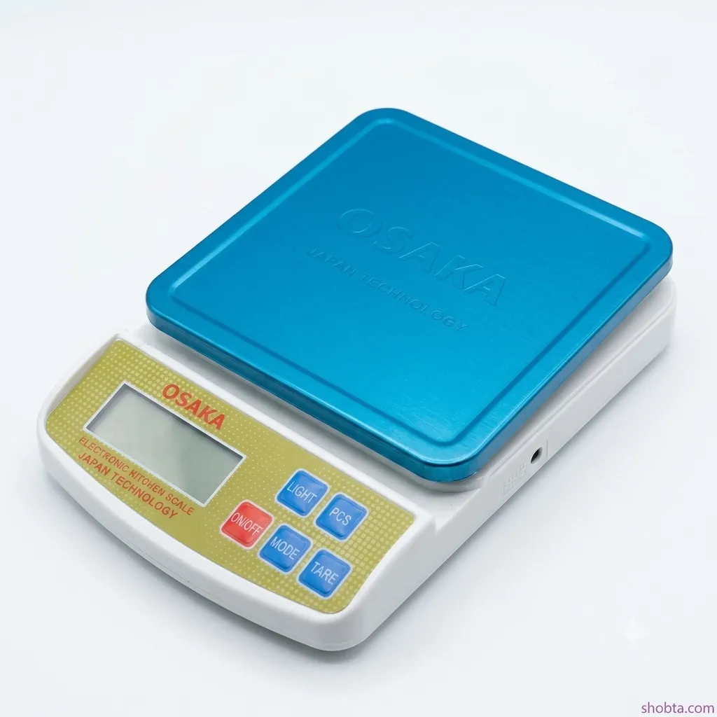 Digital kitchen weighing scale featuring stainless steel weighing plate, LCD display, adapter, and batteries.