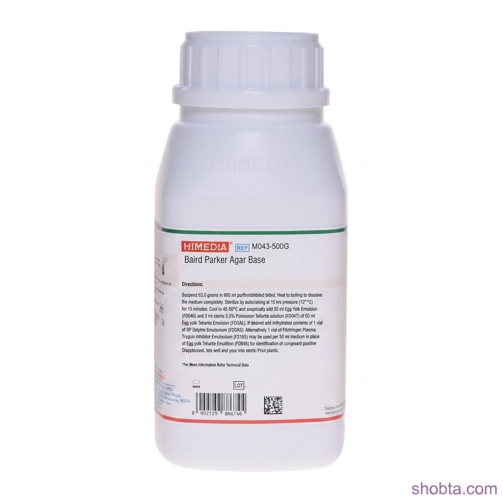 Baird Parker Agar Base 500gm HiMedia India (M043) Baird Parker Agar Base, HiMedia M043, HiMedia India, Baird Parker Agar, Culture Media, Microbiology Media, Laboratory Chemicals Bangladesh, Food Microbiology, Clinical Microbiology, Staphylococcus Culture Medium, Agar Base, Laboratory Reagents, Pharmaceutical QC, Research Laboratory, 500gm Culture Media