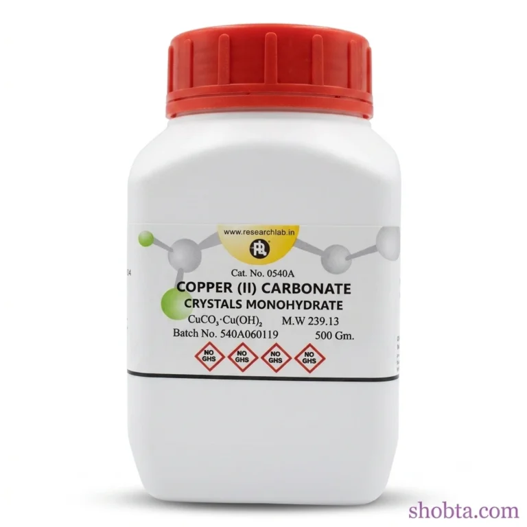 Front view of ResearchLab India Copper (II) Carbonate Monohydrate 500g reagent container
