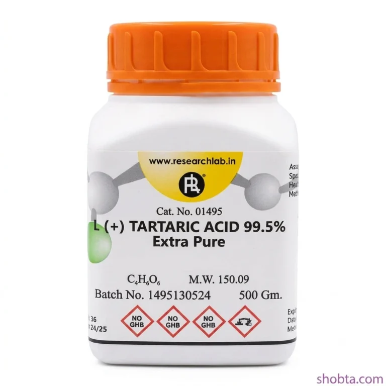 500g bottle of L(+) Tartaric Acid 99.5% Extra Pure for laboratory and research use
