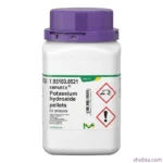 Front view of Merck India Potassium Hydroxide KOH flakes 500gm bottle