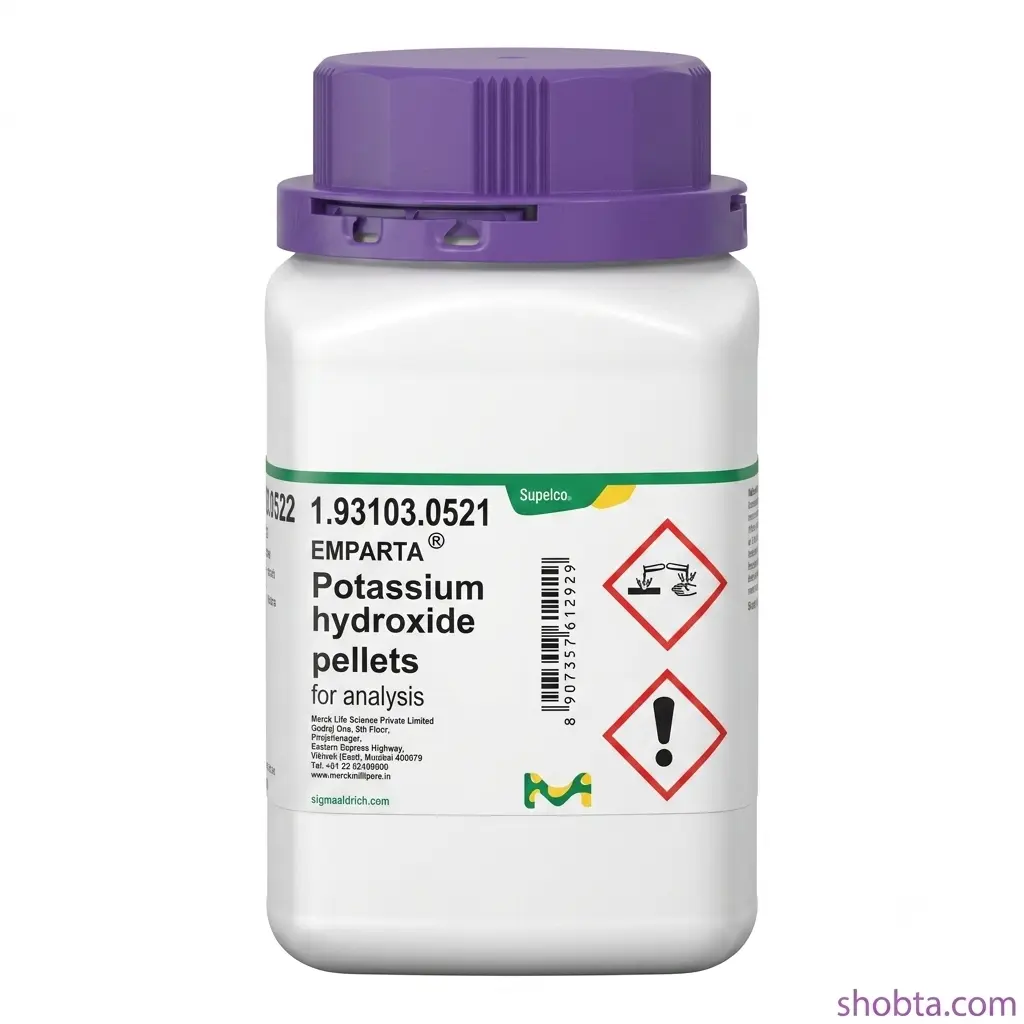 Potassium Hydroxide Flakes, 500gm Merck India Front view of Merck India Potassium Hydroxide KOH flakes 500gm bottle