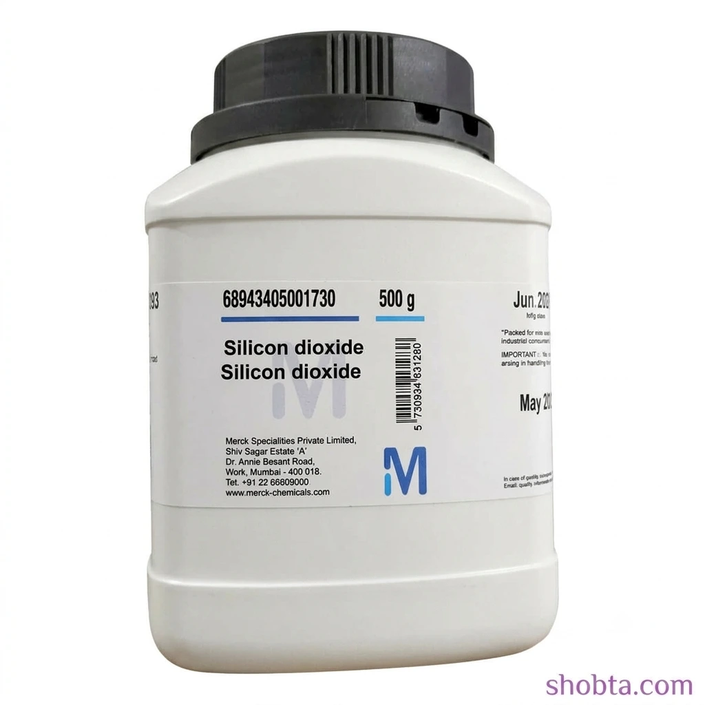 Silicon Dioxide 500gm Merck Laboratory Reagent Merck SiO₂ laboratory chemical 500gm packaging on white background