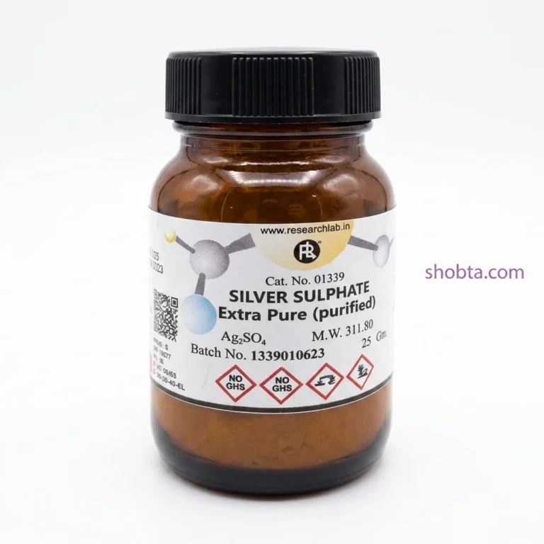 Front view of ResearchLab India Silver Sulphate Ag₂SO₄ 25g chemical bottle