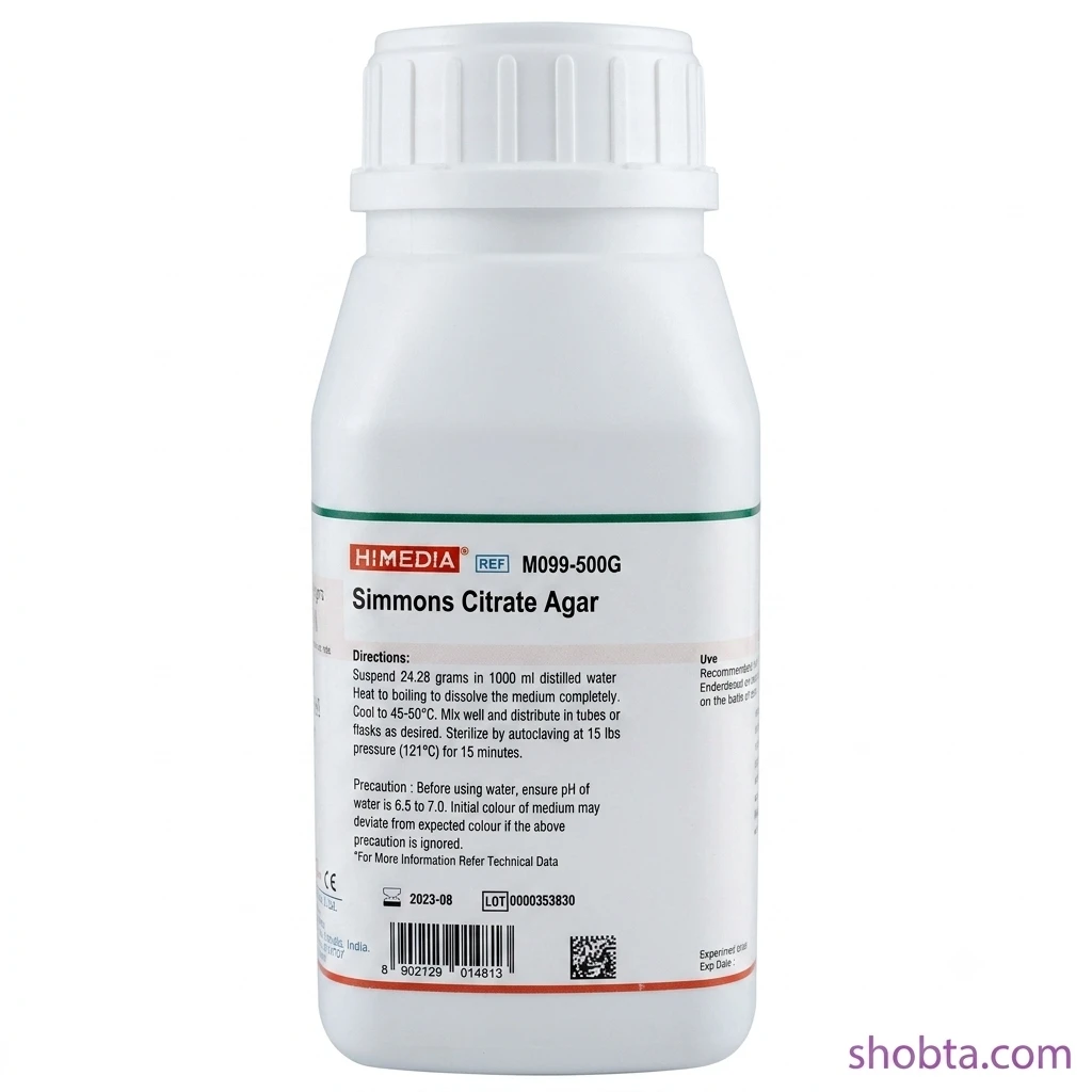 Simmons Citrate Agar 500gm HiMedia India Front view of HiMedia Simmons Citrate Agar M099 500gm HDPE laboratory reagent container