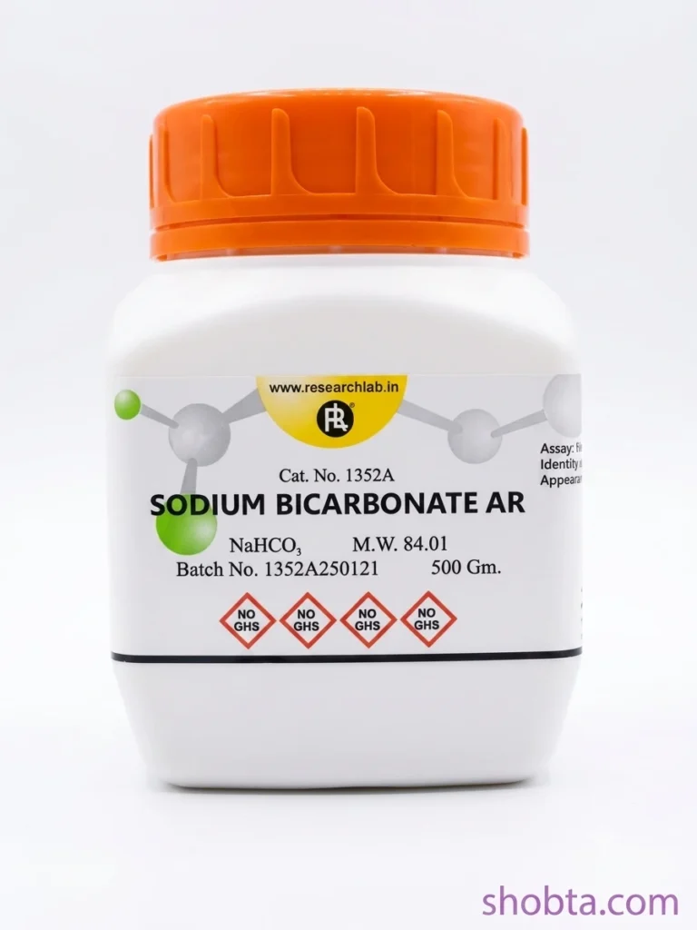 Front view of ResearchLab India Sodium Bicarbonate AR 500g analytical reagent container