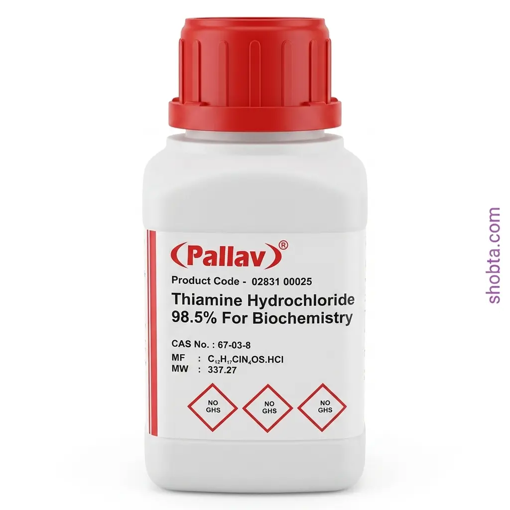 Thiamine Hydrochloride 98.5 Pure for Biochemistry 25gm – Pallav India Thiamine Hydrochloride Vitamin B1 laboratory chemical 25gm white reagent bottle