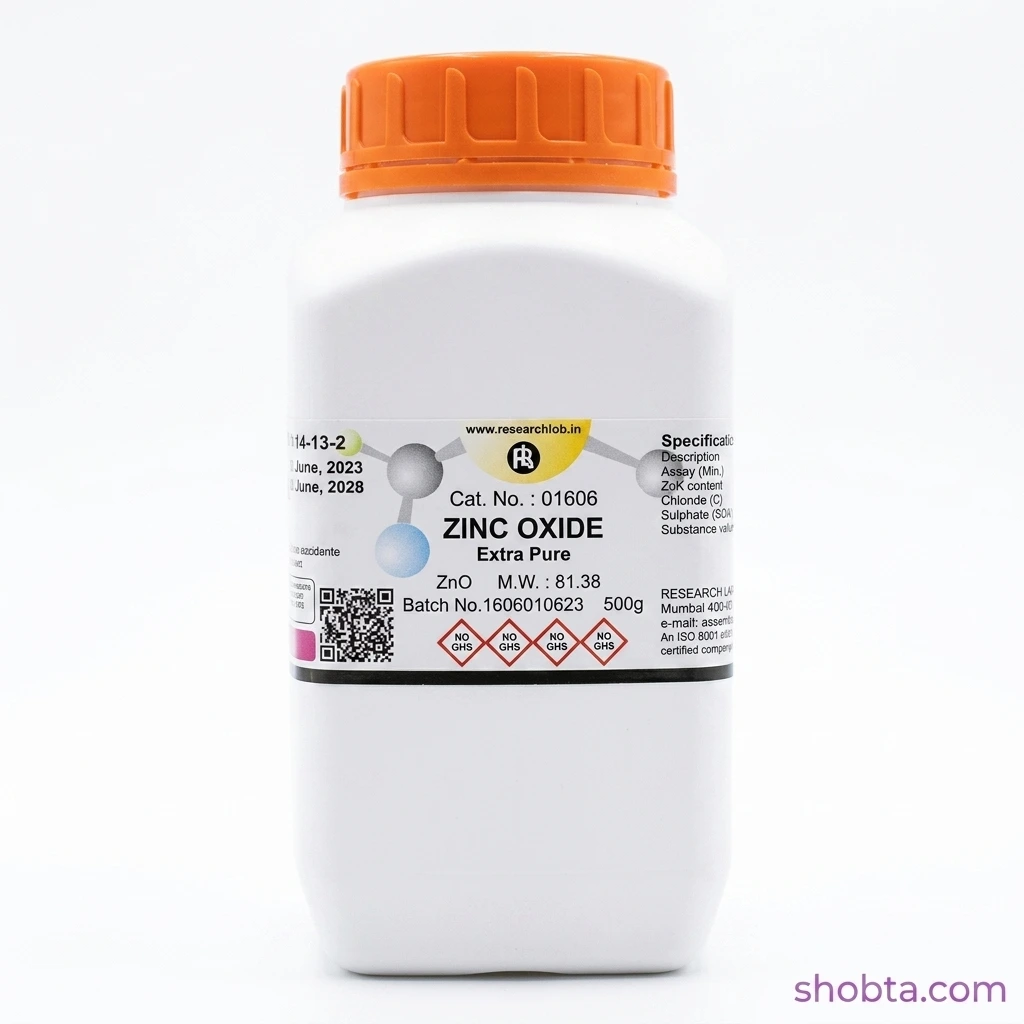 Zinc Oxide 500g Extra Pure Research Lab India Front view of Zinc Oxide ZnO 500g extra pure reagent bottle from Research Lab India