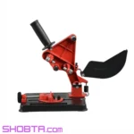 Red and black angle grinder cutting stand with workpiece clamp