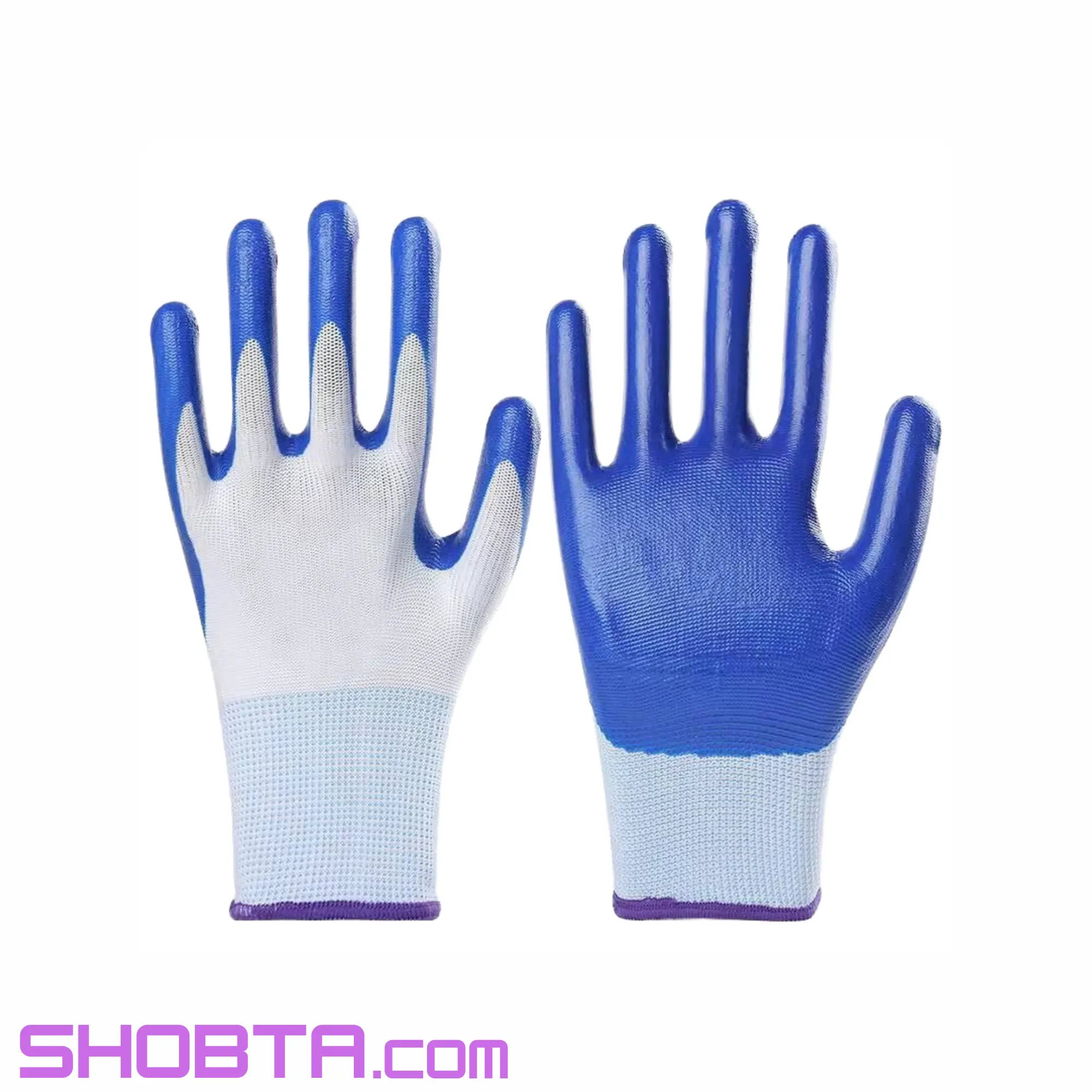 Blue rubber grip work gloves with knitted fabric cuff