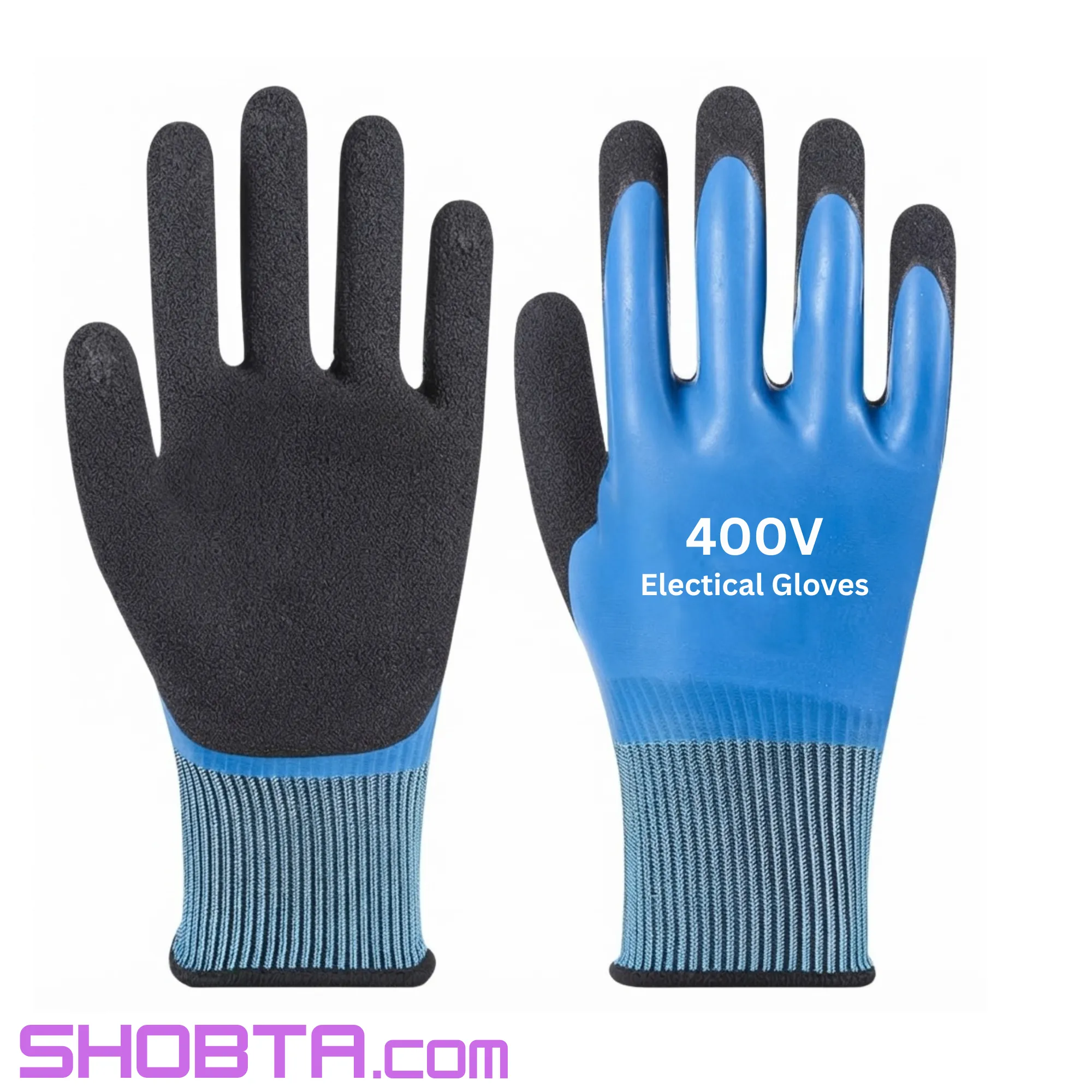 Blue electrical safety gloves with textured fingertips